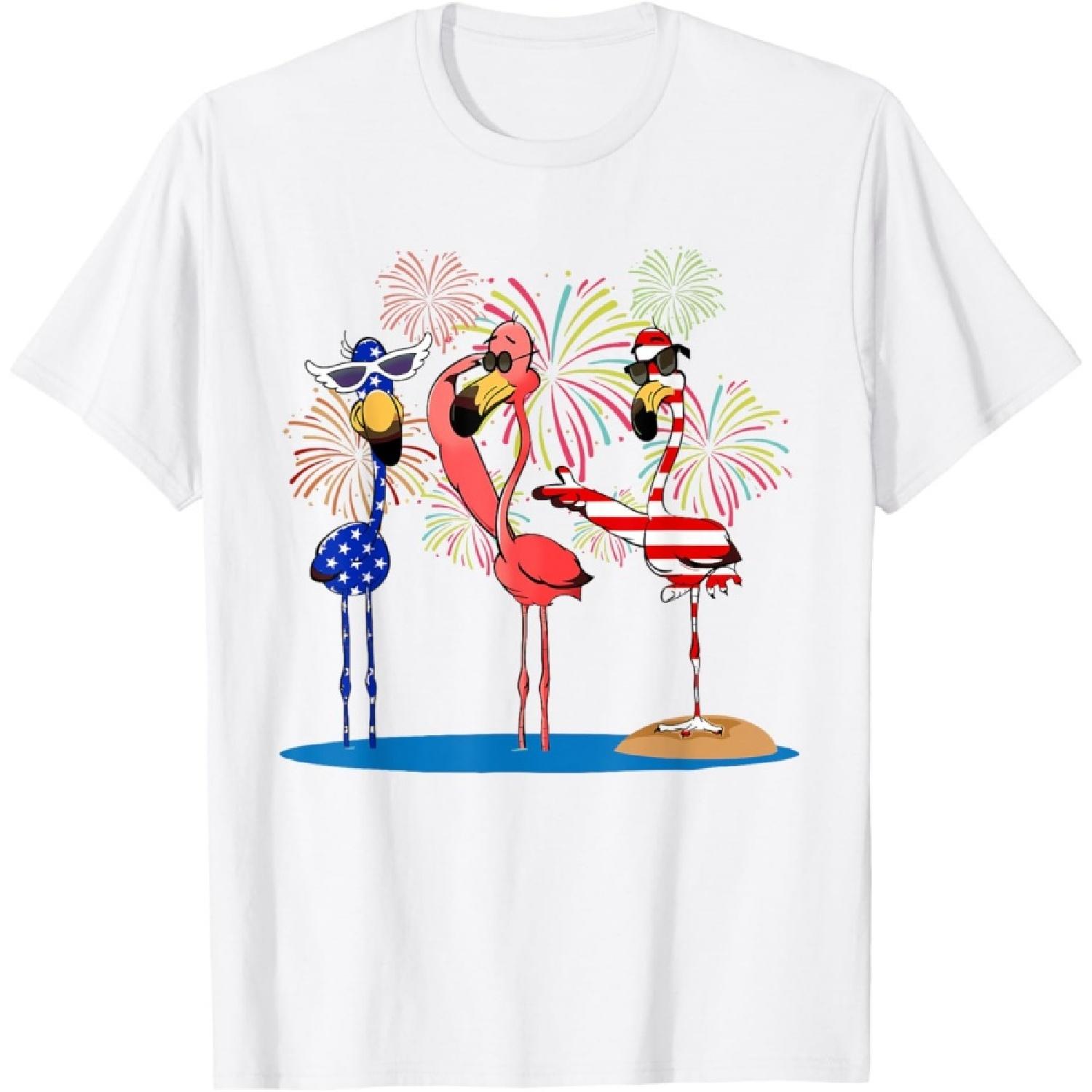 Flamingos And Fireworks Red White Blue 4th Of July American T-Shirt XXXXXL белый