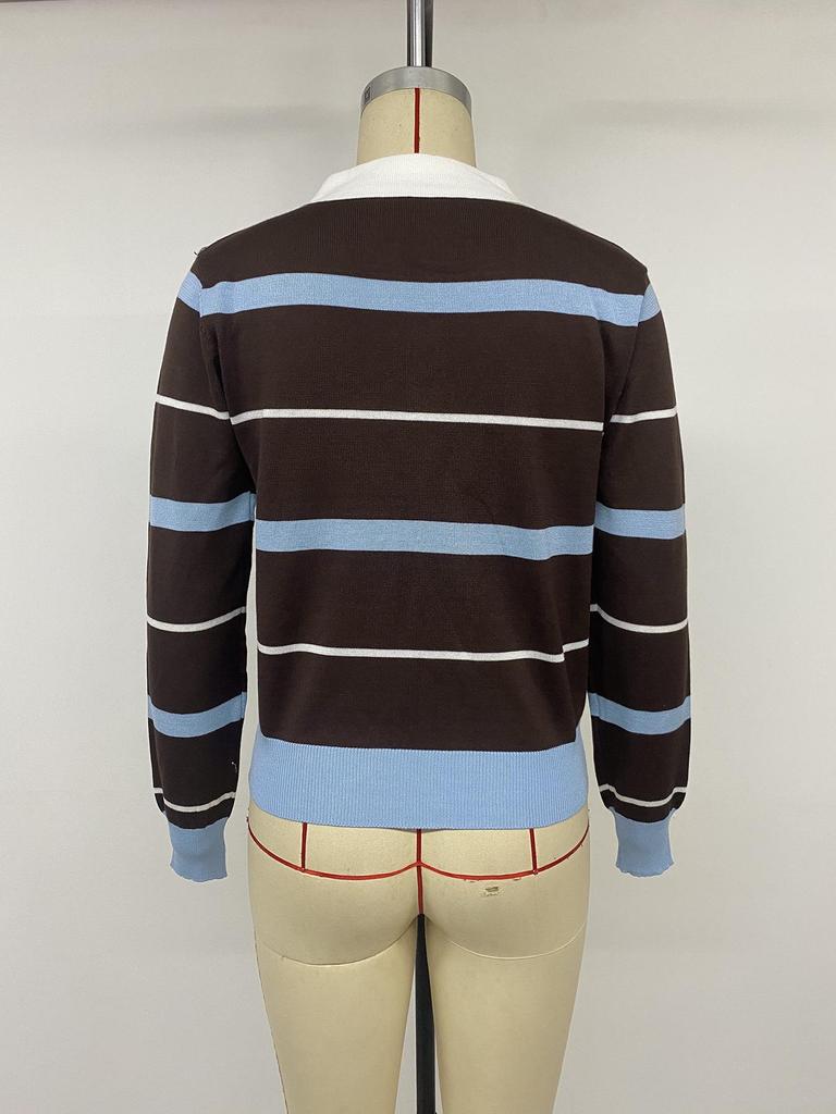 2026 A/W Retro Maillard Color Block Striped Polo Sweater