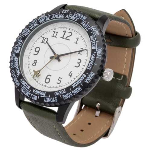 Fieldwork Women's Analog Watch with Leather Strap, Rotating Bezel, and World Time Function, Khaki, Wald YM125-3