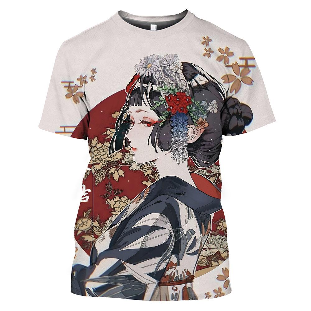 Harajuku Japanese Geisha 3D tištěné pánské a dámské tričko Letní streetwear O-neck Krátký rukáv Top Volný Pár Oblečení
