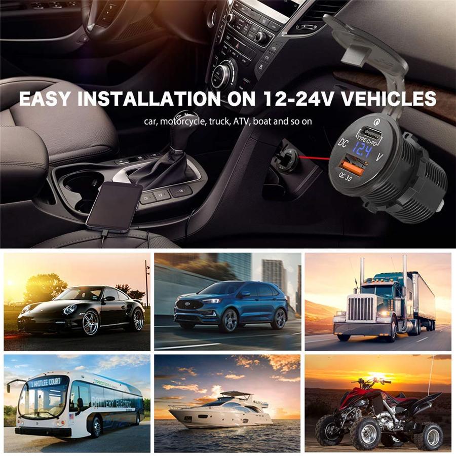 12V 24V USB Type-C Cell Phone Charger with Digital Voltage Gauge Car Boot ATV 1x