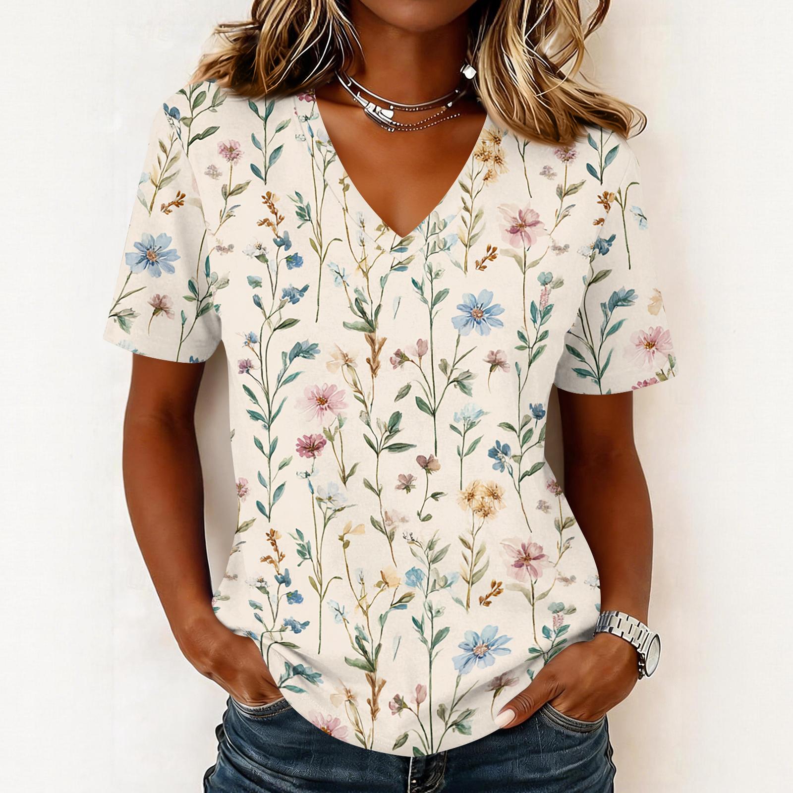 Women s fashionable casual short-sleeved floral print V-neck pullover top L