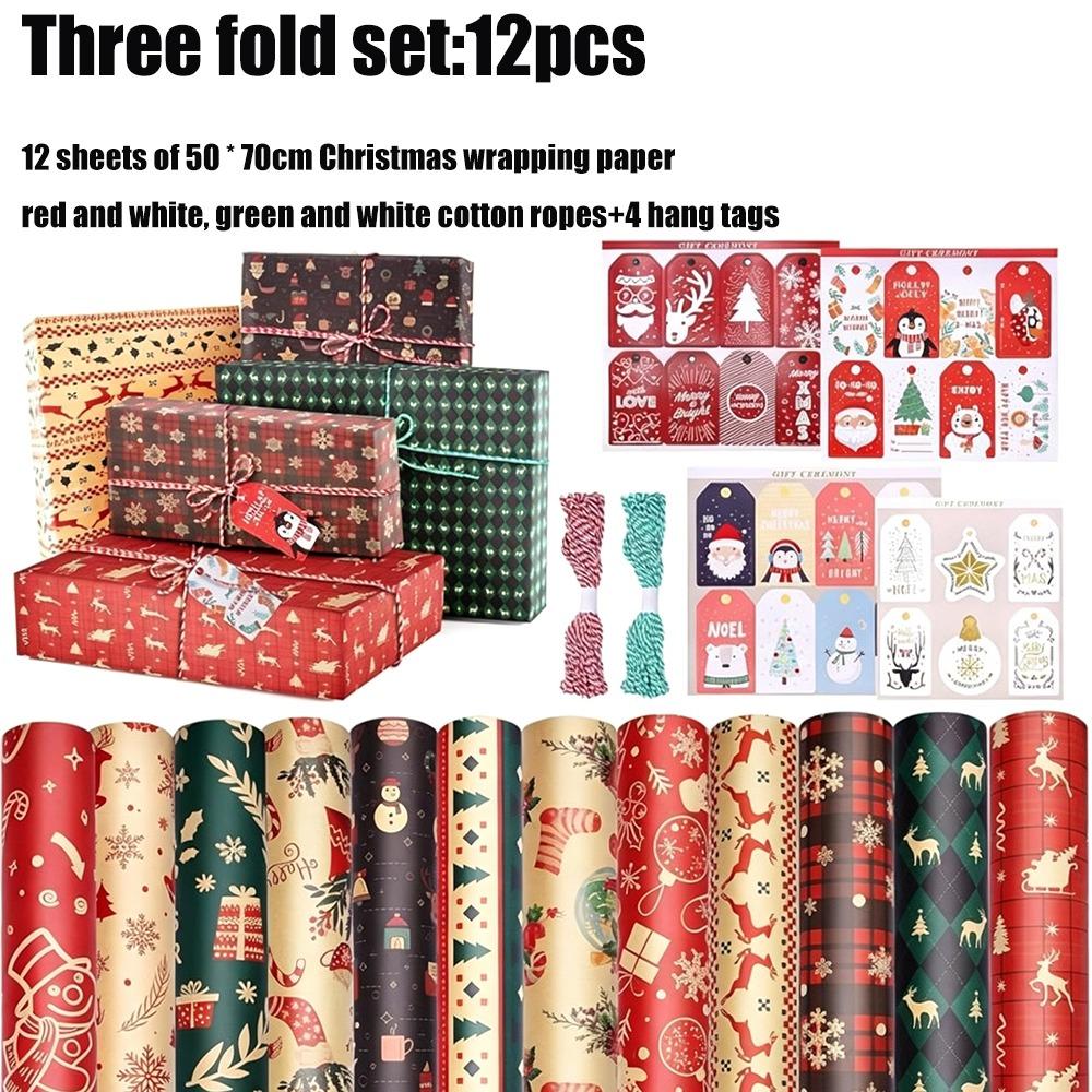 12pcs Striped Print Gift Wrapping Paper Snowflake Print Christmas Wrapping Paper Holiday Presents