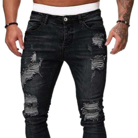 Men Jeans Ripped Washed Solid Color Button Zip Fly Streetwear Hip Hop Skinny Denim Pants Trousers for Outdoor