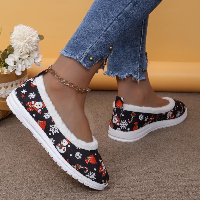 Cross-border foreign trade new low-top velvet shallow-mouth single shoes women's European and American Christmas elements flat-bottomed cotton shoes