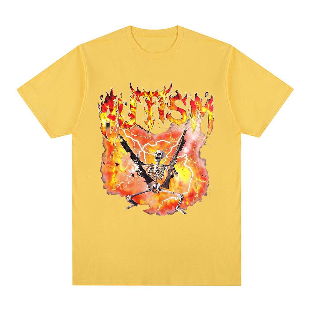 Autism Funny Skeleton Explosion Meme Tshirts Men Clothing Vintage Summer Short Sleeves Tshirt Cotton Casual Oversized T Shirts