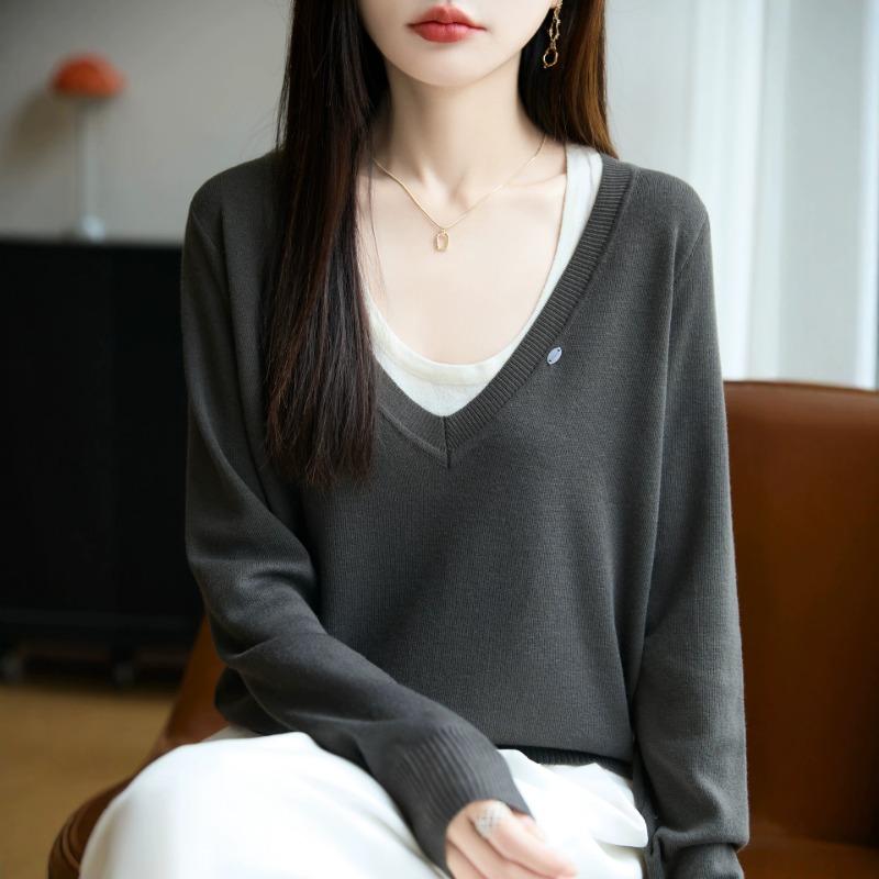 Women S V Neck Long Sleeve Knitted Fake Two Piece Sweater
