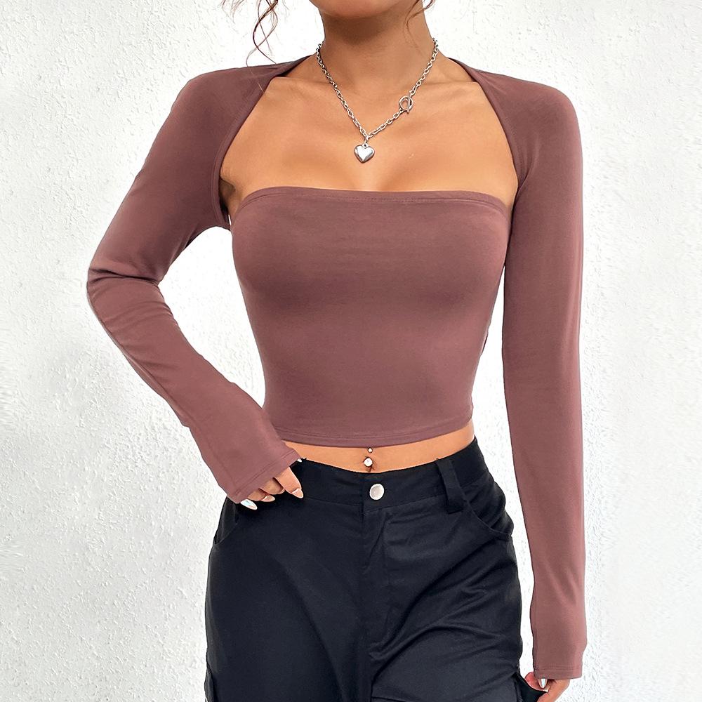 

Европейско-американская женская мода: Стильная осенне-зимняя футболка для йоги с длинным рукавом Small кофейный