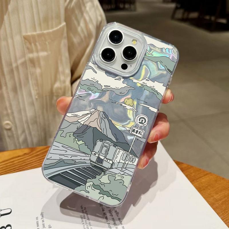 Cartoon Mountain Print Glitter Phone Case For iPhone 16 15 Pro Max 14 Pro 13 12 11 Clear Shockproof Hybrid TPU PC Glossy Slim Cover
