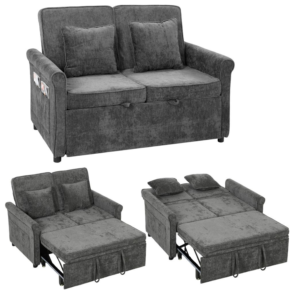 2 Seater Sofa Bed 3-in-1 Convertible Chenille Pull Out Sleeper Sofa with 5-Position Adjustable Backrest, Grey