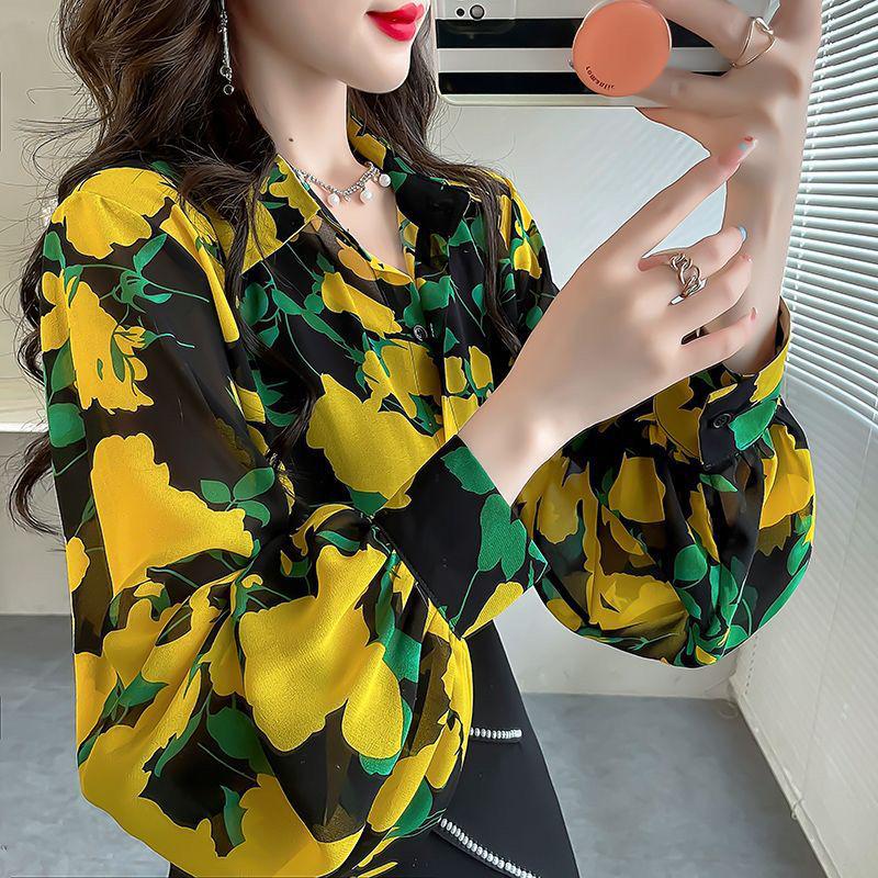 

Женский весенний свободный топ с рукавами-фонариками - модная рубашка с принтом в стиле ниши S