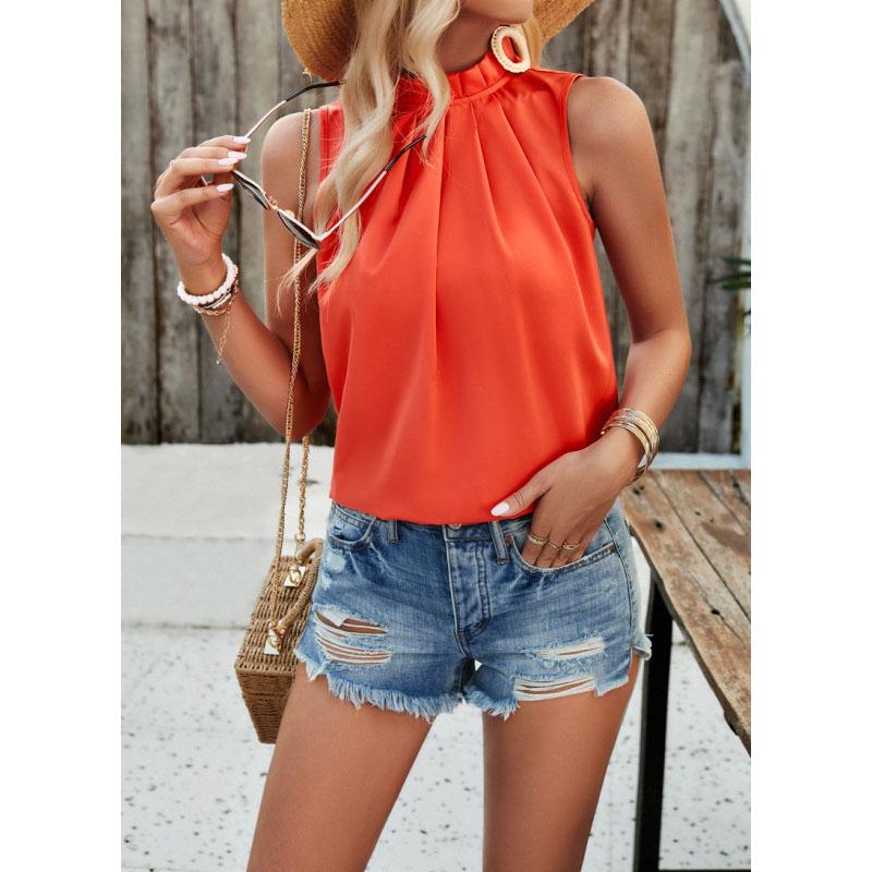 Elegant Spring Summer Solid Color Sleeveless Top Women Pulovers Blouses