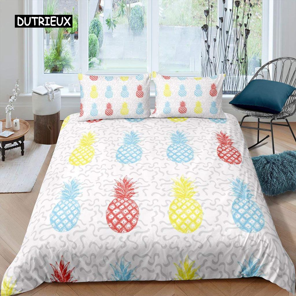 Zestaw Poszwy na Kołdrę Ananas Rozmiar King Żółty Geometryczny Zestaw Pościeli Ananas Motyw Nadmorski Plażowy Poszwa na Kołdrę z Nadrukiem Owoców