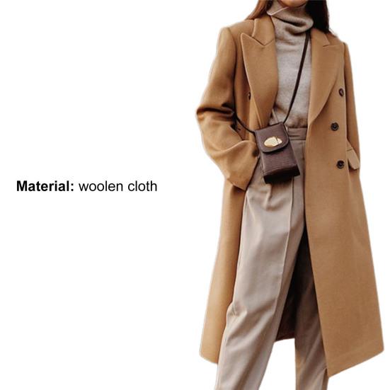 Lapel Double Breasted Woolen Suit Jacket Long Sleeve Solid Color Long Woolen Elegant Coat Female Clothing