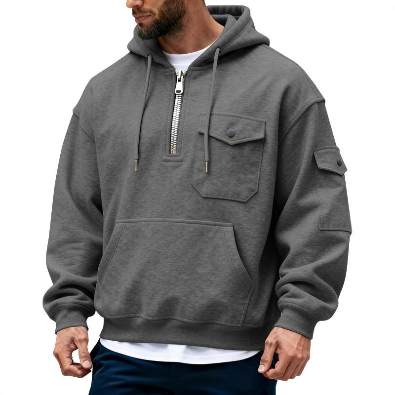 New autumn and winter men's sweater multi-pocket hooded long-sleeved fleece jacket top casual sports