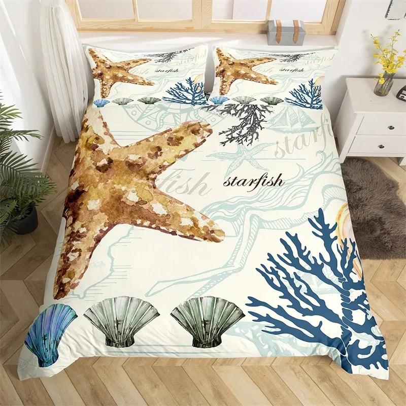 Ozean Thema King Bettbezug Set Nautischer Seestern Bettwäsche Set Mikrofaser Meeresleben Steppdeckenbezug Einzelbett Twin Für Jungen Mädchen