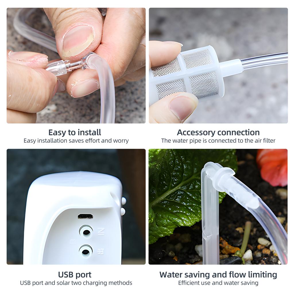 Dispositivo di Irrigazione Automatica Solare 3W Doppia Pompa Irrigatore Temporizzato per 15 Vasi Display LCD USB/Solare