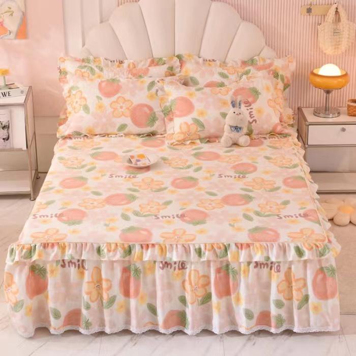 3pcs Sheet Set High Grade 100% Cotton Printed Bedspread King Queen Size Cute Pure Cotton Thick Bed Skirt with 2pcs Pillowcase