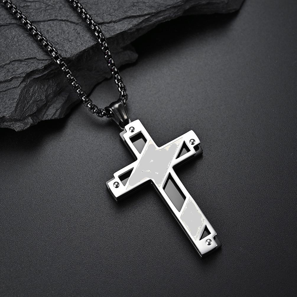 European and American Style Titanium Steel Double Color Cross Necklace Combination with Double Layer Hollow Personality