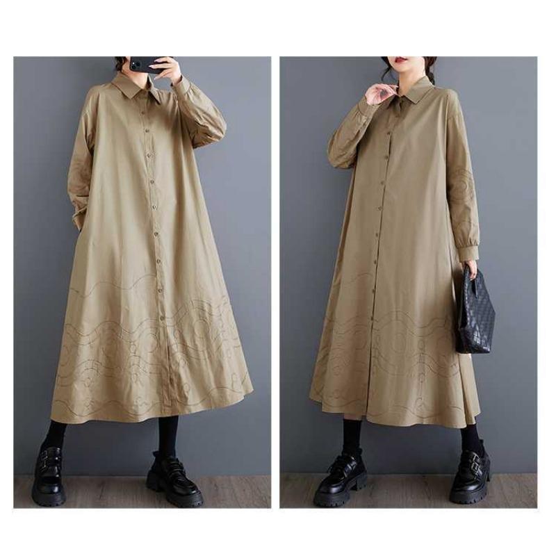 Lösa Plus Size Splicing Casual Enkla Broderier Söta Långärmade Klänningar
