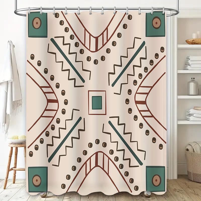 Bathroom Shower Curtain Set with Modern Geometric Print for Home Decor Green Brown Colors, Waterproof Fabric Material, Perfect M