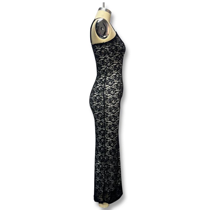 2023 Summer Women's Sexy Spaghetti Strap Lace Dress - Slim Fit, Transparent, Solid Color, Sleeveless