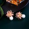 Light Luxury Temperament Short Lily Pearl Earrings Elegant Zircon Inlaid Flower Earrings Earrings