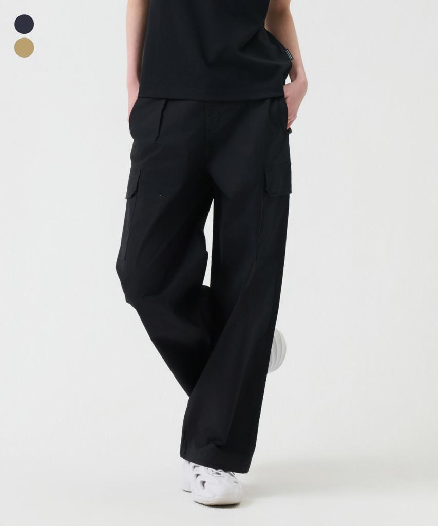 GROOVE RHYME Women'S Low Temperature Cotton Spandex 3/4 Elastic Waist Single Pleat Modular Cargo Wide Pants (2 Colors) (Lrtmcnw574M)