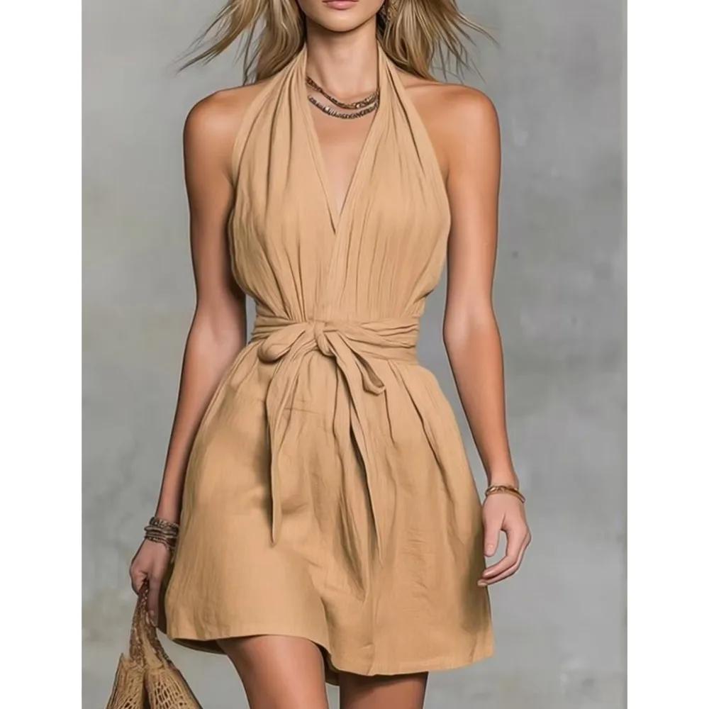 

Summer New Sexy Neckline V-Neck Women s Slim-Fit Dress with Fashion Waistline Drawstring Solid Color Casual Vacation Wear Female 2XL хакі