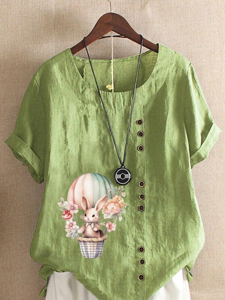 

Women s Fashion Hot Air Balloon Rabbit Print Shot Sleeve T-shirt Loose Cotton Shirt Casual Loose Summer Blouse Tops Plus Size 5XL зелений
