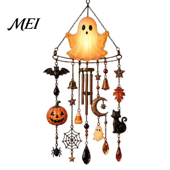 Night Glowing Yard Art Halloween Luminous Ghost Wind Chime, Glow-in-The-Dark Hanging Ornament with Pumpkin Bat Outdoor Garden Decoration Spider