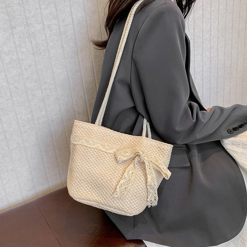 Chic White And Khaki Woven Shoulder Bag With Spacious Design For Everyday Outings