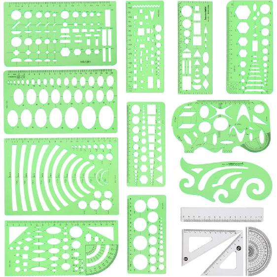 Angrox Geometric Drawings Templates Measuring Geometry Rulers 15 Pcs with 1 Pack File Bag for Design School Studying Office Building…