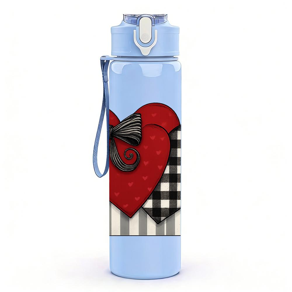 1PC Checkered Heart Ribbon 750ml Color Plastic Sports Water Bottle Leakproof Flip Straw Lid For Sports Office Home Use