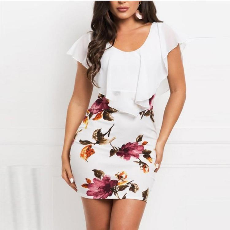 Sexy Floral Bodycon Mini Dress Sleeveless O Neck Holiday Party Short Dress for Women