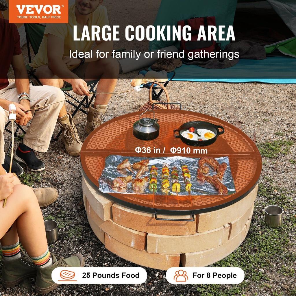 X-Marks Fire Pit Grill Grate, Foldable Round Cooking Grate, Heavy Duty Steel Campfire BBQ Grill Grid with Handle and Support X Wire, Portable Camping