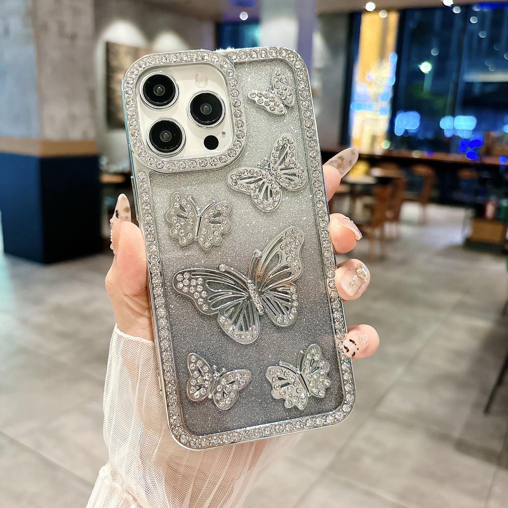 For iPhone 15 Pro Max Case Rhinestone Butterfly Decor Soft TPU Phone Cover