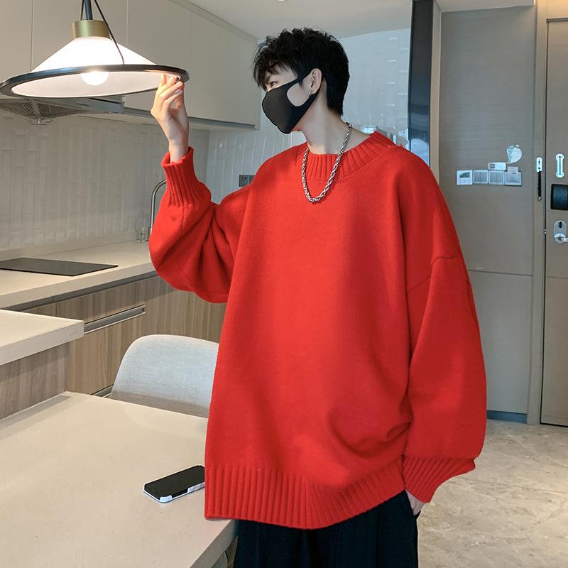 Men's Trendy Loose Round Neck Sweater - Spring/Autumn Solid Color Knitwear, Hong Kong Style Casual Outerwear
