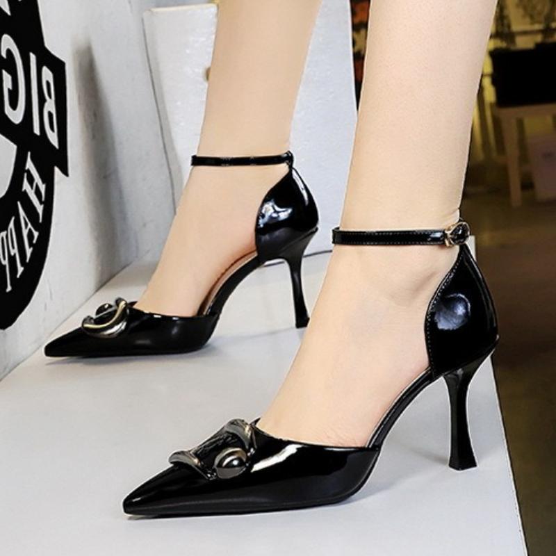 Fashion 2025 New Black Heels 8cm Women's Sandals Lacquer Leather Hollow Heels Metal Buckle One Lined Lady Stiletto Elegant Banquet Shoes
