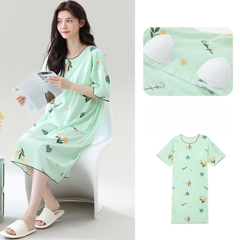 Nadměrná velikost 4XL 5XL Dámské sladké noční košilky s krátkým rukávem a hrudními vycpávkami Dámské letní Květinový potisk Spací košile Domácí Dívčí Roztomilá noční košile Volnočasové oblečení