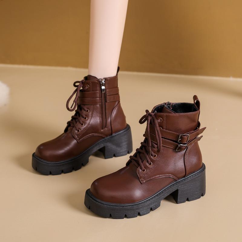 Vintage Platform Belt Buckle Mid-heeled Martin Boots 2025 Winter New Plus Size Thick-heeled British Style Boots for Women
