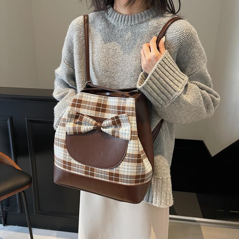 Premium Sense Large Capacity Backpack Bag Women'S Fashion Plaid Shoulder Bag Bow Cute Tote Bag
