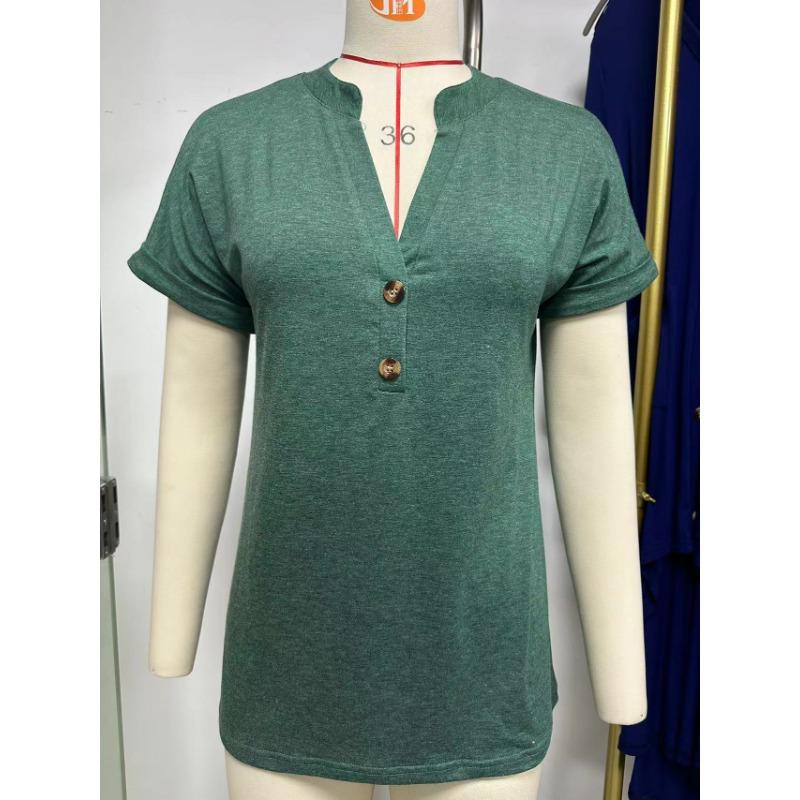 Maglietta Estiva da Donna Tinta Unita Scollo a V Bottoni Larga Maniche Corte Top