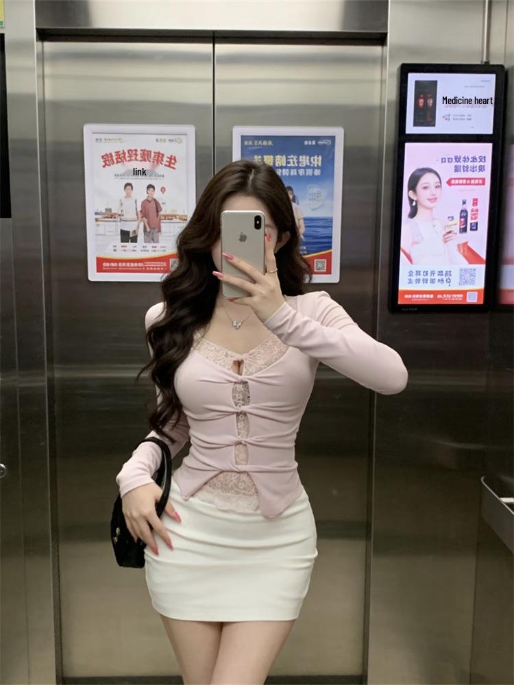 Women's Lace Patchwork Twisted Hollow Long Sleeve Slim Fit Top