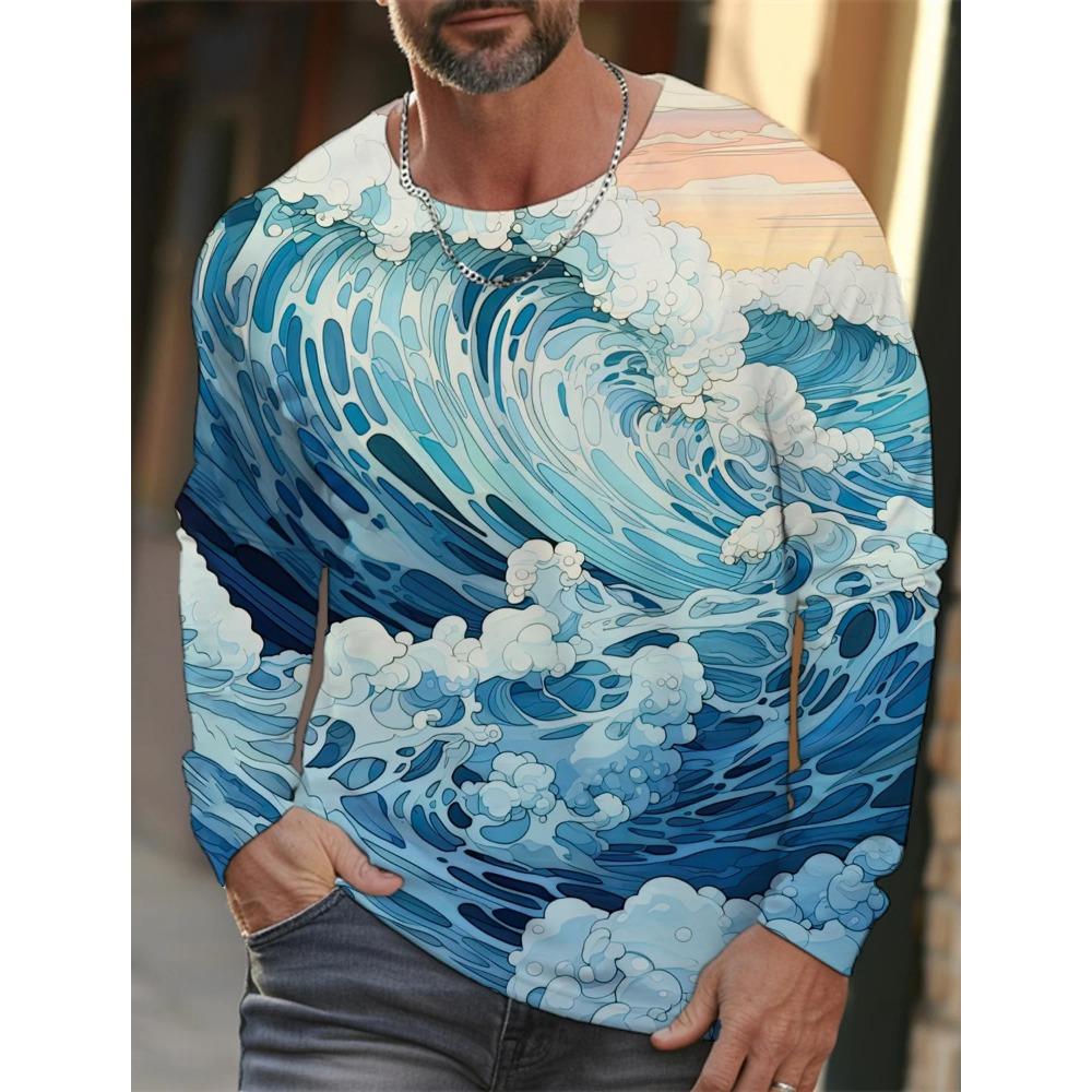 Spring and Autumn Round Neck 3D Ukiyoe  Printed Top Fashionable Casual Long Sleeved Men's T-shirts