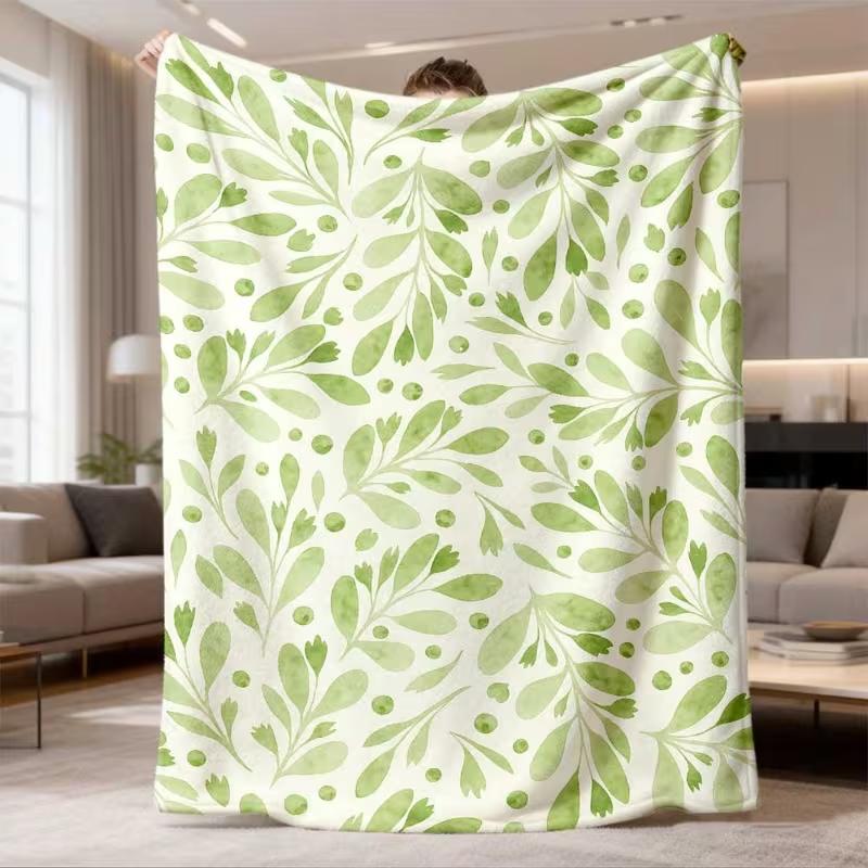 Watercolor Light Green Leaf Sprig Print Blanket Soft Botanical Blanket Minimalist Plant Style Sofa Bed Nap Blanket
