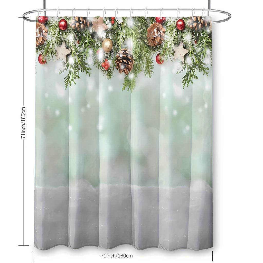 Light Green Pine Branch Christmas Pattern Shower Curtain Set, Polyester Fabric With Hooks, Suitable For Bathroom Decoration