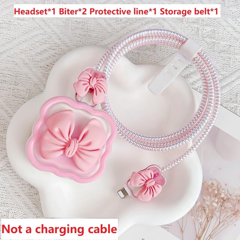 Wavy Bowknot Charger Protector for IPhone 17 16 15 18W 20W TPU Transparent Soft Protective Cable Cover Winder Kit RXQ12