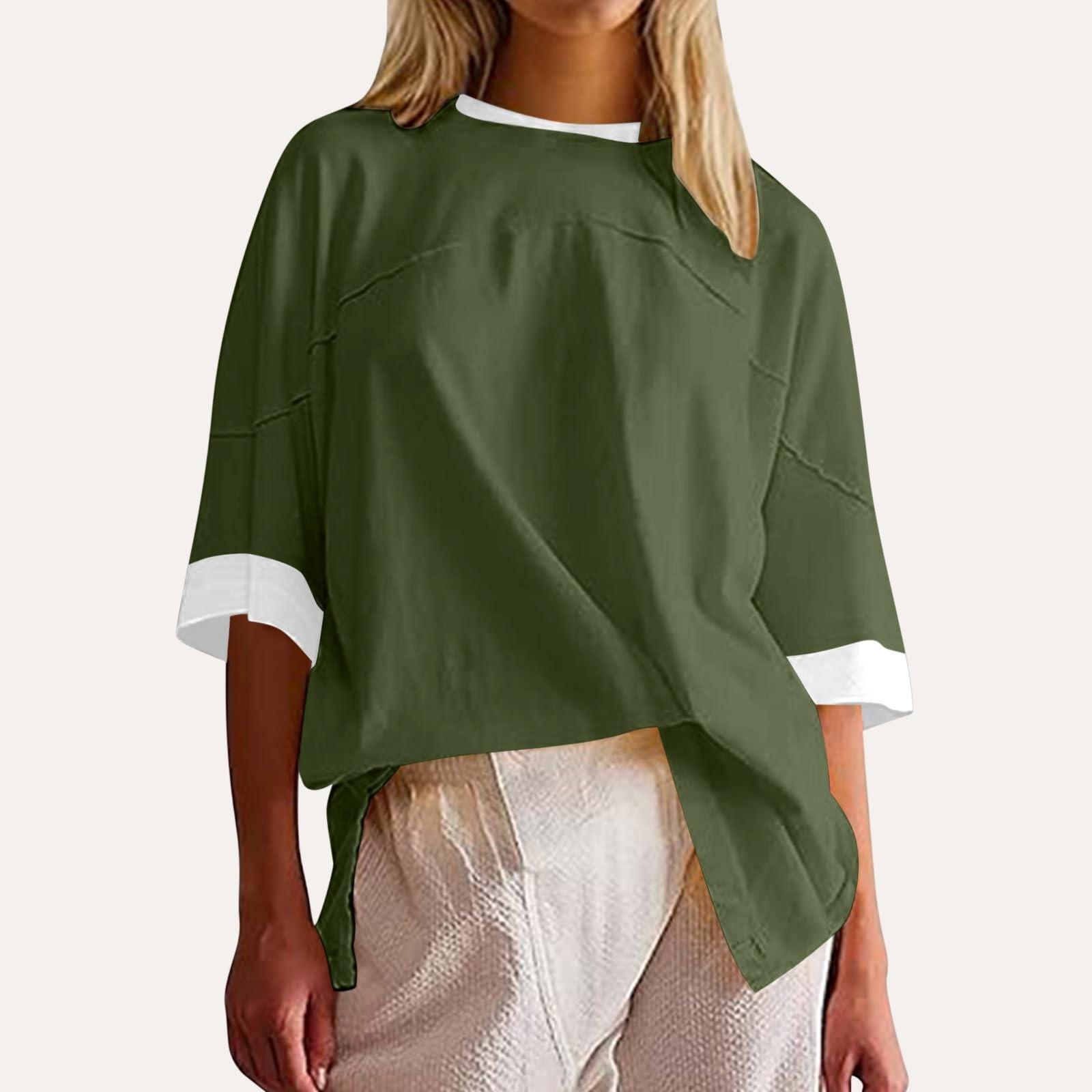 

Женская повседневная свободная посадка с рукавом 3/4, летняя футболка, базовые хлопковые футболки, модные топы XL армия зеленый