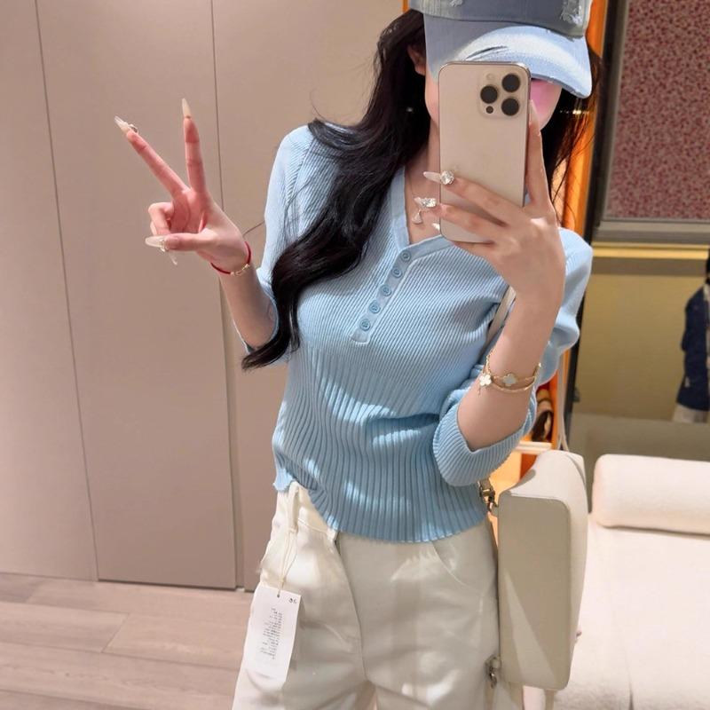 Spring new collar temperament simple versatile wool knitted sweater women's clothing slim-fitting and thin top